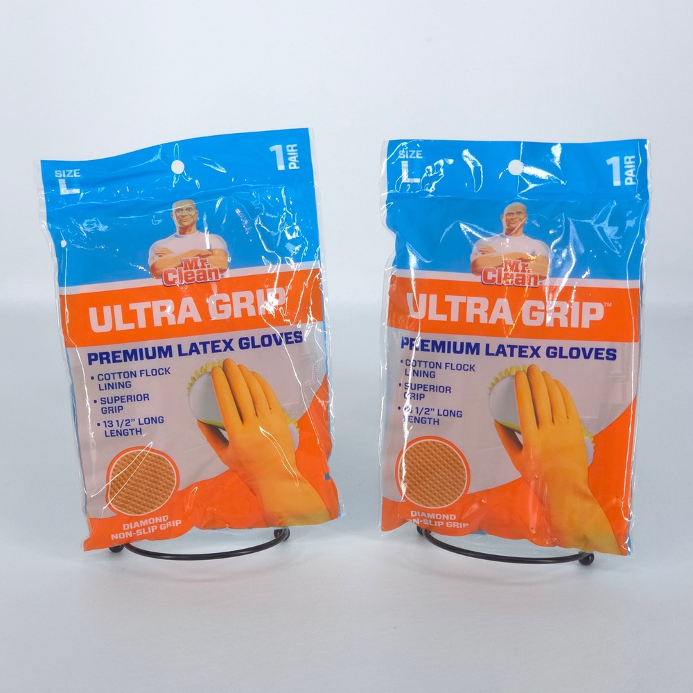 2x Mr. Clean Ultra Grip Latex Gloves Large Cleaning Dishwashing Rubber Clearance
